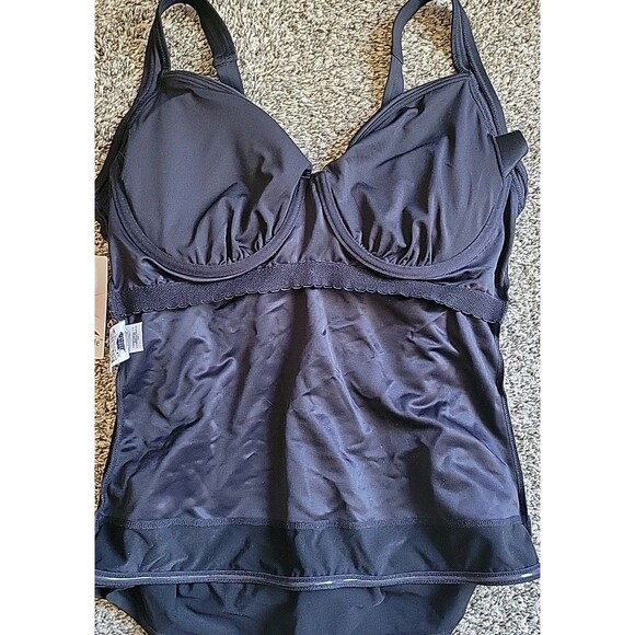 Lands' End Swim Top Black 14D Cup Wrap Front Tankini (L) Solid Underwire S78 - Picture 4 of 7